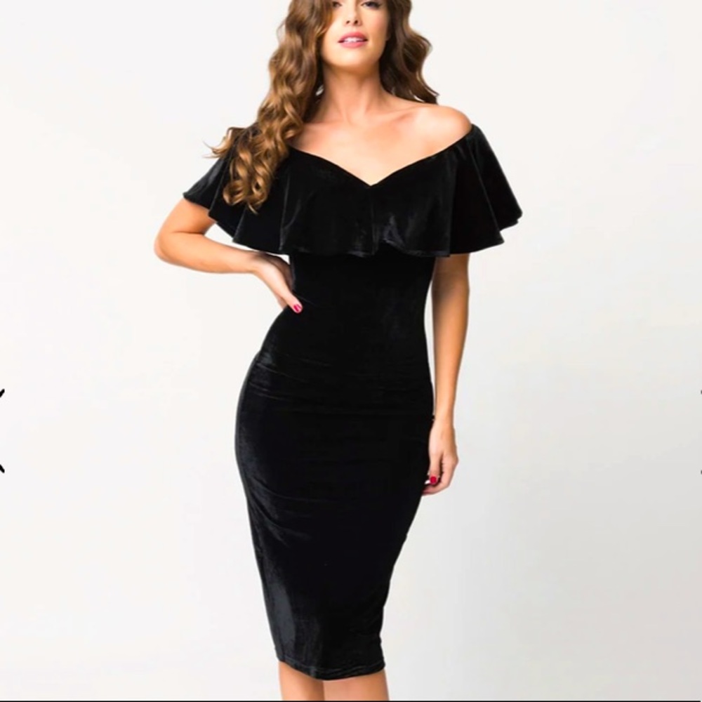 NWT Unique Vintage Black Velvet Draped Off Shoulder Sophia Wiggle Dress 🖤